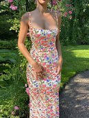 Hugcitar Flower Print Slip Sleeveless Backless Slim Sexy Maxi Dress 2022 Spring Women Elegant Streetwear Party Clothing Concise