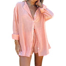 Cotton and Linen suit 2021 Women Solid Clothes Set Half Sleeve Lapel Neck Button-up Shirt+Irregular Hem Drawstring Shorts Sets