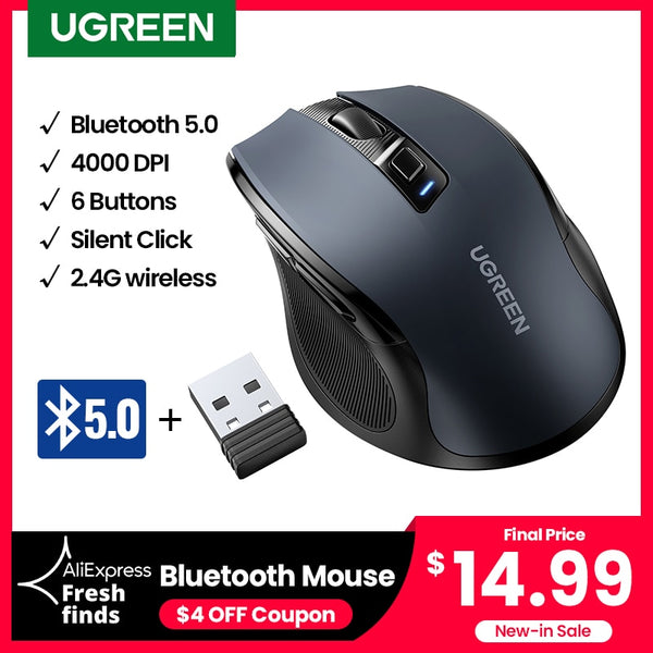 【New-in Sale】UGREEN Wireless Mouse Bluetooth 5.0 Ergonomic 4000 DPI 6 Mute Buttons For MacBook Tablet Laptop PC 2.4G Mice Mouse