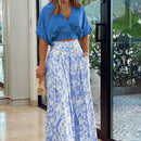 Wefads Womens Two Piece Sets Sexy Mid Sleeve Shirt Elgant Floral Print Wide Leg Pant High Streetwear