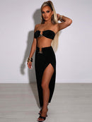 Hugcitar Sexy Strapless Crop Tube Top High Waist Slit Maxi Dress 2 Pcs Suits 2022 Fall Women Fashion Streetwear Vestido Y2K