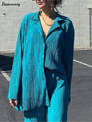 Ladies Shirt Suits Pleated Notched Single-Breasted Female Cardigan Two-Piece Loose Shirts and High-Waist Wide-Leg Pants Sets