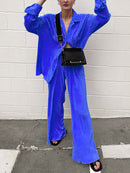 Ladies Shirt Suits Pleated Notched Single-Breasted Female Cardigan Two-Piece Loose Shirts and High-Waist Wide-Leg Pants Sets