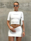 Hugcitar Letter Print Solid Turtleneck Short Sleeves Crop Top Skirts 2 Pcs Set Sexy Slim Summer Fashion Outfit Streetwear Sports