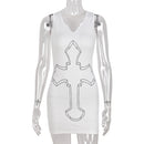 Sifreyr Cross Printed White Mini Dress For Women Sleeveless V-Neck Basic Tank Dress Y2K Streetwear Outfits Party Bodycon Dresses