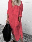 Women Shirt Dress Spring Summer Lapel Button Long Sleeve Side Split Dresses Elegant Solid Work Office Vestidos Female Tunic Robe