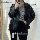 CHICLAZA Women 2022 Spring Fashion Black Faux Leather Jacket Ladies Casual Zipper Biker Coat Female Autumn Loose Couple Outwear