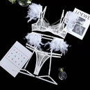 MIRABELLE Feathers Lingerie Set Woman 3 Pieces Delicate Underwear Sexy Transparent Lace Bra Set with Chain Luxury Erotic Sets