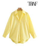 TRAF Women Fashion Loose Asymmetry Poplin Blouses Vintage Long Sleeve Button-up Female Shirts Blusas Chic Tops