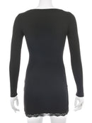 Darlingaga Square Neck Lace Patchwork Bodycon Black Dress Women Elegant Cotton Fashion Side Split Autumn Dress Mini Ladies Basic