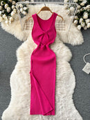 ALPHALMODA 2021 Summer Hollow Out Twisted Back Sleeveless High Slit Sexy Women Knitted Dress Solid Color Feminine Mid-calf Dress