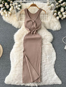 ALPHALMODA 2021 Summer Hollow Out Twisted Back Sleeveless High Slit Sexy Women Knitted Dress Solid Color Feminine Mid-calf Dress