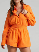 Casual Womem Yellow Lounge Wear Summer Tracksuit Shorts Set Long Sleeve Shirt Tops And Mini Shorts Suit 2021 New Two Piece Set
