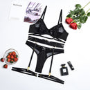 Yimunancy 3-Piece Black Bra Set Women Patchwork See Through Mesh Lingerie Set Ladies Sexy Panty Underwear Set