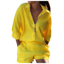 Long Sleeve Shirt & Pocket Design Shorts Set Women&