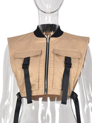 Women Sleeveless Pockets Buckle Zipper Sexy Cropped Jackets Vest Top 2022 Spring Fall Harajuku Party Safari Waistcoat Streetwear