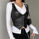 Xingqing y2k PU Leather Vest Vintage Aesthetic Women V Neck Sleeveless Button Tank Tops 2000s Dark Academia Tshirt Waistcoat