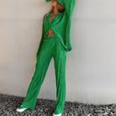 Ladies Shirt Suits Pleated Notched Single-Breasted Female Cardigan Two-Piece Loose Shirts and High-Waist Wide-Leg Pants Sets