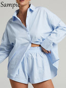 Sampic Women Blue Suit 2022 Casual Loose Long Sleeve Shirt Summer Tops And Mini Shorts Fashion Tracksuit Two Piece Set Outfits