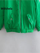Willshela Women Fashion Oversized Bomber Jackets Coat With Pockets Front Zipper Vintage O-Neck Long Sleeves Female Chic Outwears