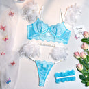 MeiKeDaiNicey Feather Sensual Lingerie Sexy Transparent Lace Bra with Chain Exotic Sets Porn 3 Piece Set Garters Erotic Costumes