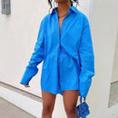 Women Casual Tracksuit Shorts Set Summer Long Sleeve Shirt Tops And Mini Drawstring Shorts Suit Lounge Wear Two Piece Set