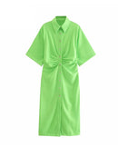 TRAF Women Chic Fashion Button-up Draped Midi Shirt Dress Vintage Short Sleeve Side Zipper Female Dresses Vestidos