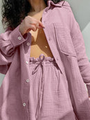 Women Casual Tracksuit Shorts Set Summer Long Sleeve Shirt Tops And Mini Drawstring Shorts Suit Lounge Wear Two Piece Set