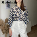 Modelutti Autumn Blouse Women England Style Cozy Fashion Elegant Leaf Printing Loose Silk Loose Blusas Mujer De Moda Shirt Tops
