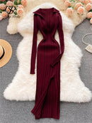 SINGREINY Women Korean Knitted Dress Long Sleeve V Neck Elastic Slim Pencil Dresses 2021 Autumn Sexy Bodycon Split Sweater Dress