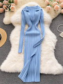 SINGREINY Women Korean Knitted Dress Long Sleeve V Neck Elastic Slim Pencil Dresses 2021 Autumn Sexy Bodycon Split Sweater Dress
