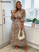 Women Elegant Print Backless Dress 2022 Summer Boho Long Sleeve Floral Hollow Out Dress Casual Loose Beach Vacation Lady Dresses