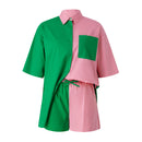 Cotton and Linen suit 2021 Women Solid Clothes Set Half Sleeve Lapel Neck Button-up Shirt+Irregular Hem Drawstring Shorts Sets