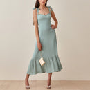 Dresses For Women 2022 Elegant Vintage Floral Dress Frill Sweetheart Neck Sleeveless Strap Tie Ruffle Hem Summer Beach Dress