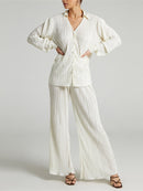 Ladies Shirt Suits Pleated Notched Single-Breasted Female Cardigan Two-Piece Loose Shirts and High-Waist Wide-Leg Pants Sets