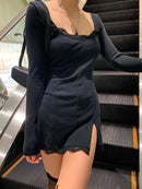 Darlingaga Square Neck Lace Patchwork Bodycon Black Dress Women Elegant Cotton Fashion Side Split Autumn Dress Mini Ladies Basic