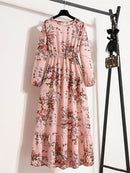 Women Elegant Floral Printed Long Dresses Spring Summer Casual O Neck Long Sleeve Ladies Chic High Waist A Line Beach Dresses