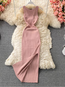 ALPHALMODA 2021 Summer Hollow Out Twisted Back Sleeveless High Slit Sexy Women Knitted Dress Solid Color Feminine Mid-calf Dress
