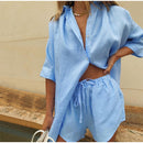 Women Casual Tracksuit Shorts Set Summer Long Sleeve Shirt Tops And Mini Drawstring Shorts Suit Lounge Wear Two Piece Set