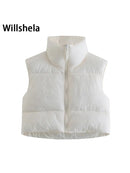 Willshela Women Fashion High Neck Cropped Waistcoat Puff Vest Casual Woman Sleeveless Jacket Chic Lady Winter Warm Outfits