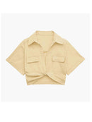TRAF Women Fashion Front Knot Elastic Linen Cropped Shirts Vintage Short Sleeve Patch Pockets Female Blouses Blusa Chic Tops