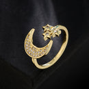 Fashion Classic Sun Moon Star Rhinestone Rings For Women Open Adjustable Zircon Copper 18K Gold-Plating Geometric Rings