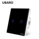 UBARO Eu AC100-240V Tempered Black White Crystal Glass Touch Switch Panel Wall Light Sensor Button 1/2/3 Gang 10A Interruptor