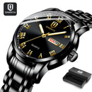 QINGXIYA Top Brand Luxury Gold Red Quartz Watch Men Stainless Steel Luminous Waterproof Watches Week Calendar Business Watch Men