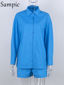 Sampic Women Blue Suit 2022 Casual Loose Long Sleeve Shirt Summer Tops And Mini Shorts Fashion Tracksuit Two Piece Set Outfits