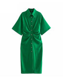 TRAF Women Chic Fashion Button-up Draped Midi Shirt Dress Vintage Short Sleeve Side Zipper Female Dresses Vestidos