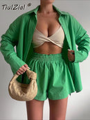 TiulZial Casual Women Short Set Tracksuit Loungewear Two Piece Women Outfits Oversized Long Shirt And High Waist Shorts Green