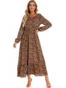 Women Elegant Floral Printed Long Dresses Spring Summer Casual O Neck Long Sleeve Ladies Chic High Waist A Line Beach Dresses