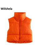 Willshela Women Fashion High Neck Cropped Waistcoat Puff Vest Casual Woman Sleeveless Jacket Chic Lady Winter Warm Outfits