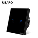 UBARO Eu AC100-240V Tempered Black White Crystal Glass Touch Switch Panel Wall Light Sensor Button 1/2/3 Gang 10A Interruptor